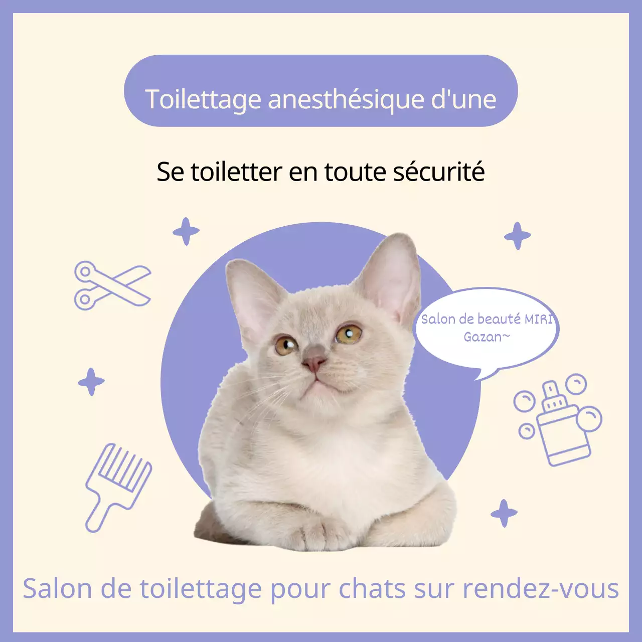 Publicité pour un salon de toilettage pour chats simple et sans anesthésie en couleurs mauve et ivoire