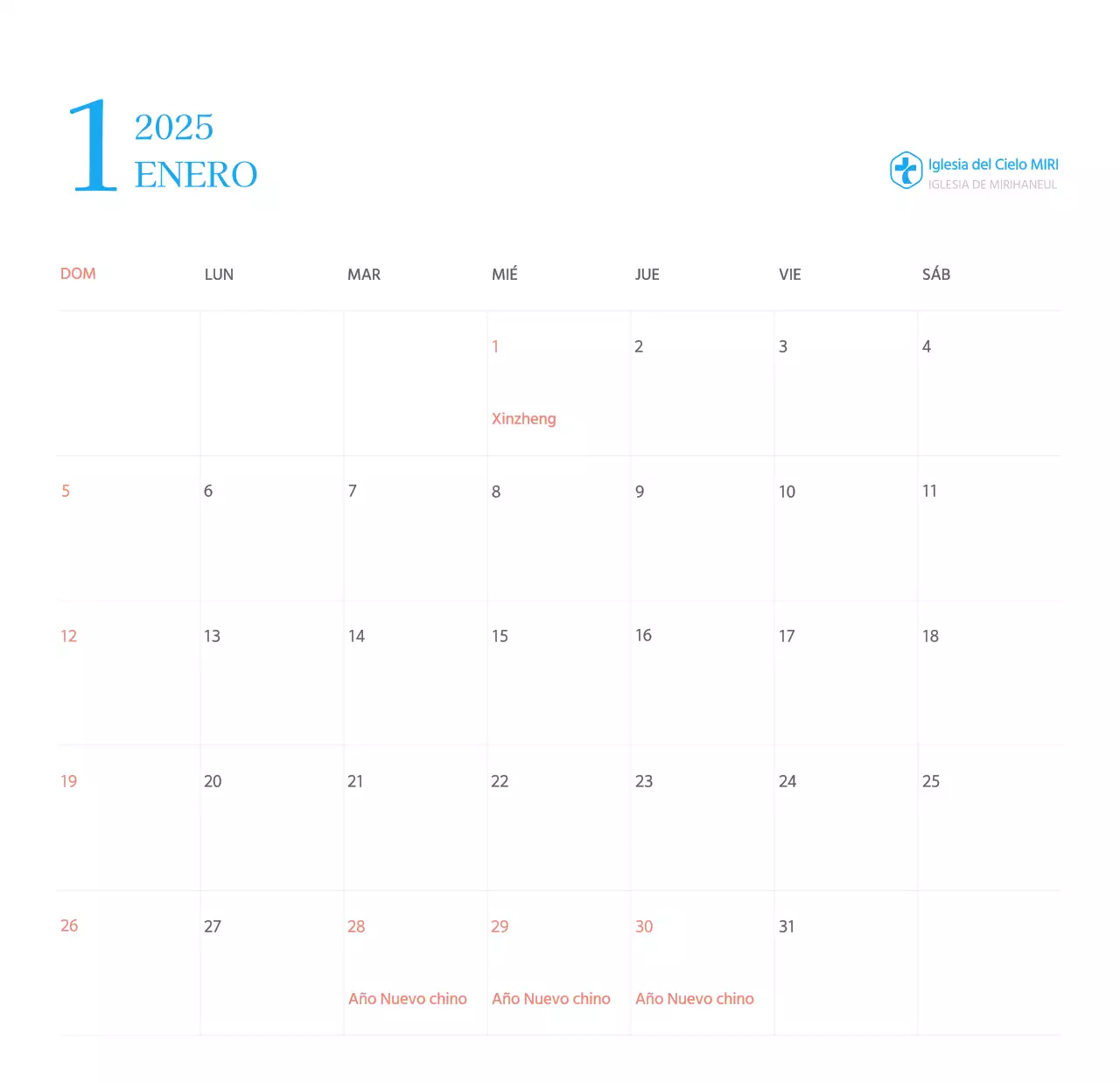 Calendario eclesiástico azul de concepto moderno