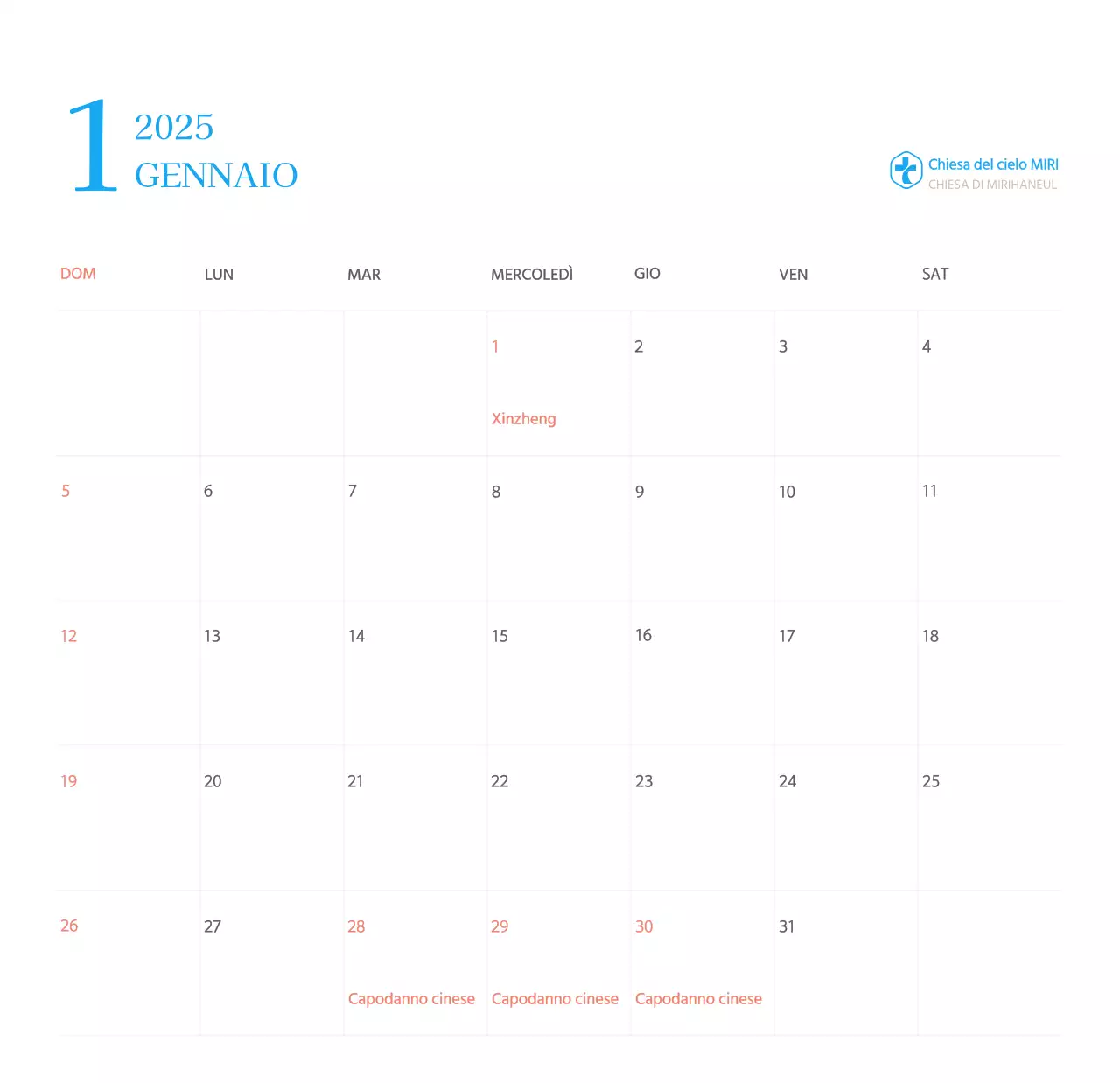 Calendario ecclesiastico blu di concezione moderna