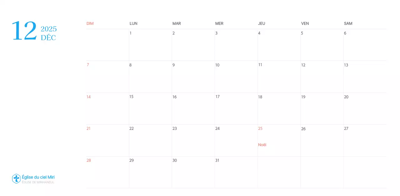 Calendrier d'église moderne bleu