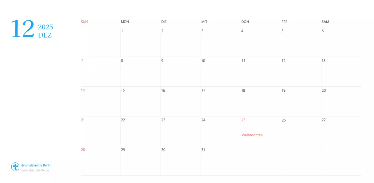 Blaues modernes Konzept Kirchenkalender