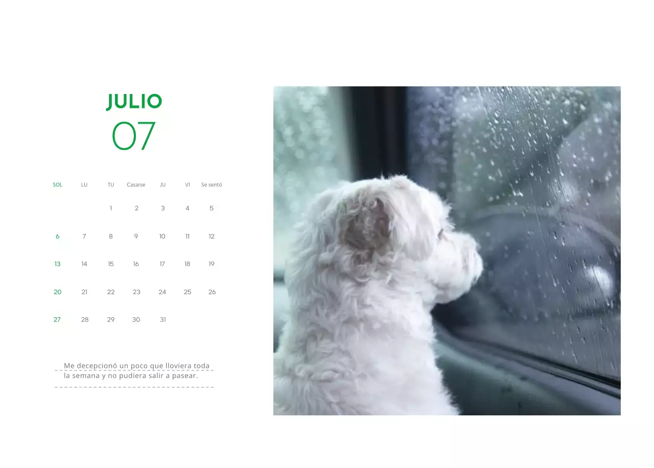 Un calendario con una foto de un cachorro y un bonito mensaje en color verde