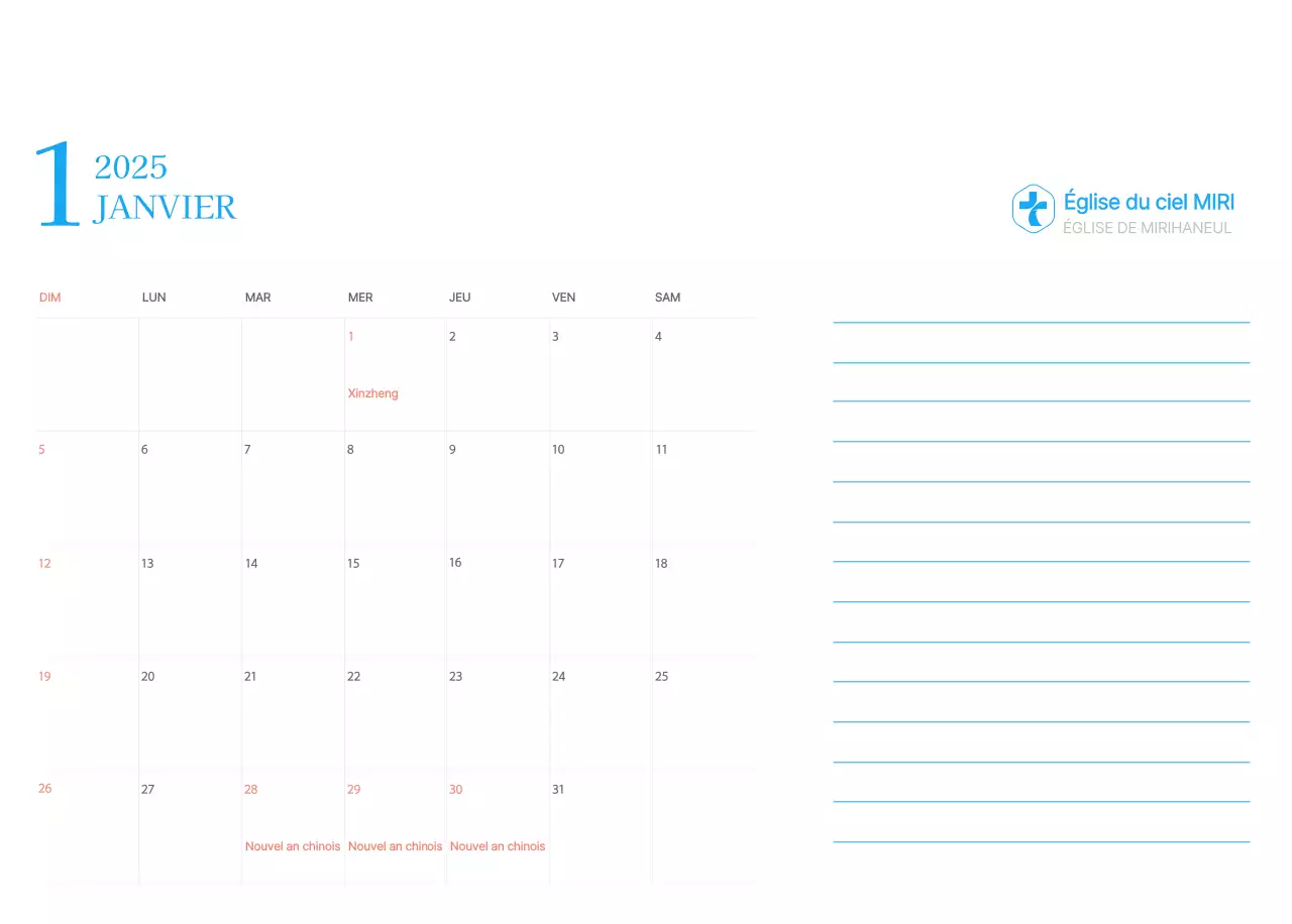 Calendrier d'église moderne bleu