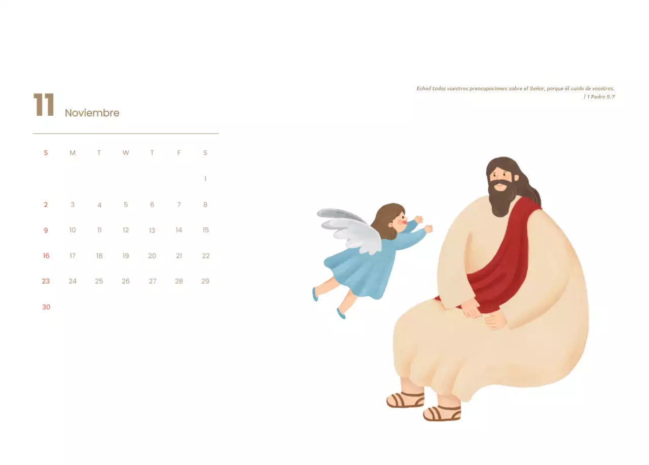 Un calendario devocional con acogedoras ilustraciones y versículos bíblicos sobre fondo azul claro