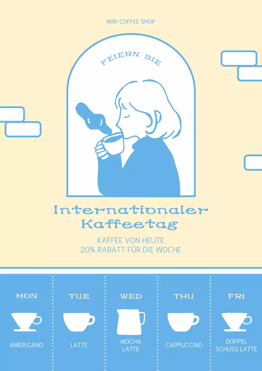 Gelb und hellblau, mit Rabatten auf das Tagesmenü