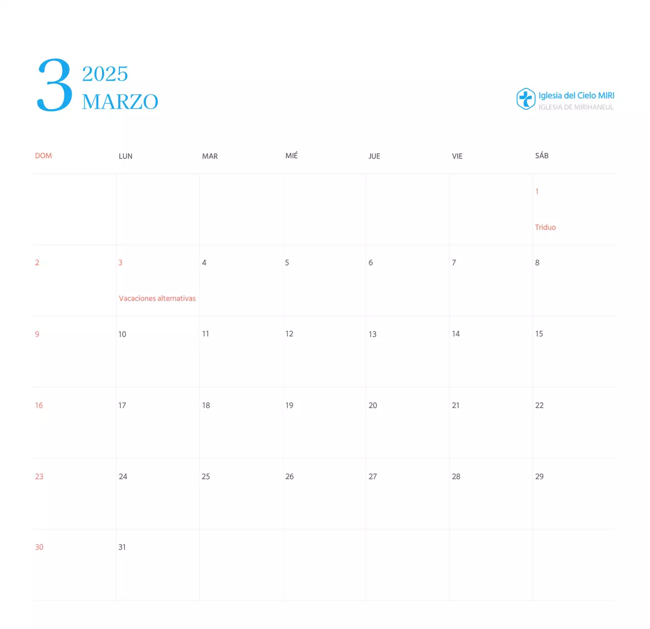 Calendario eclesiástico azul de concepto moderno