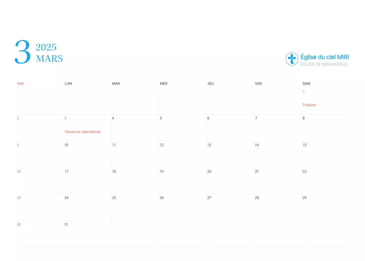 Calendrier d'église moderne bleu