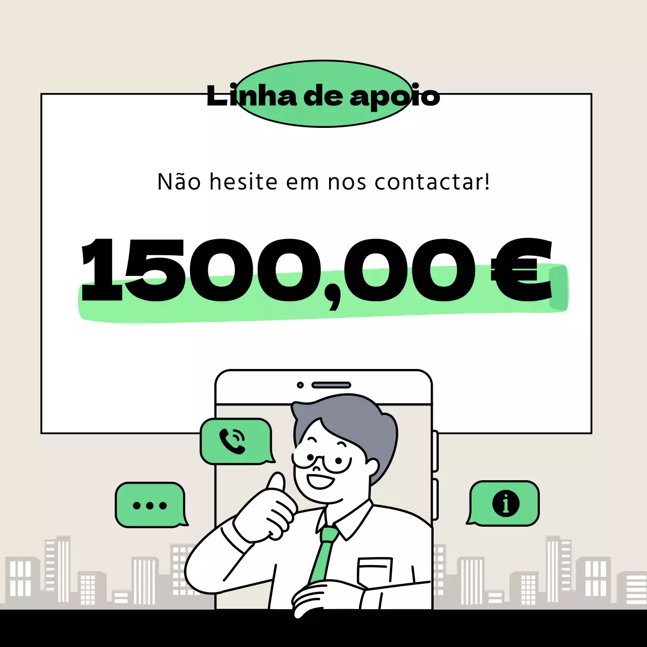 Informações da linha de apoio em verde-limão e bege