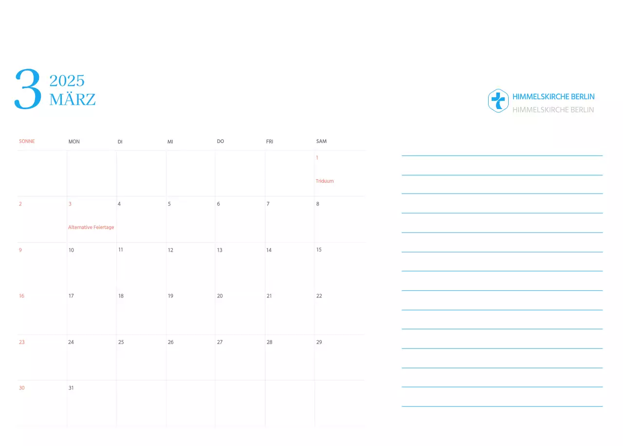 Blaues modernes Konzept Kirchenkalender