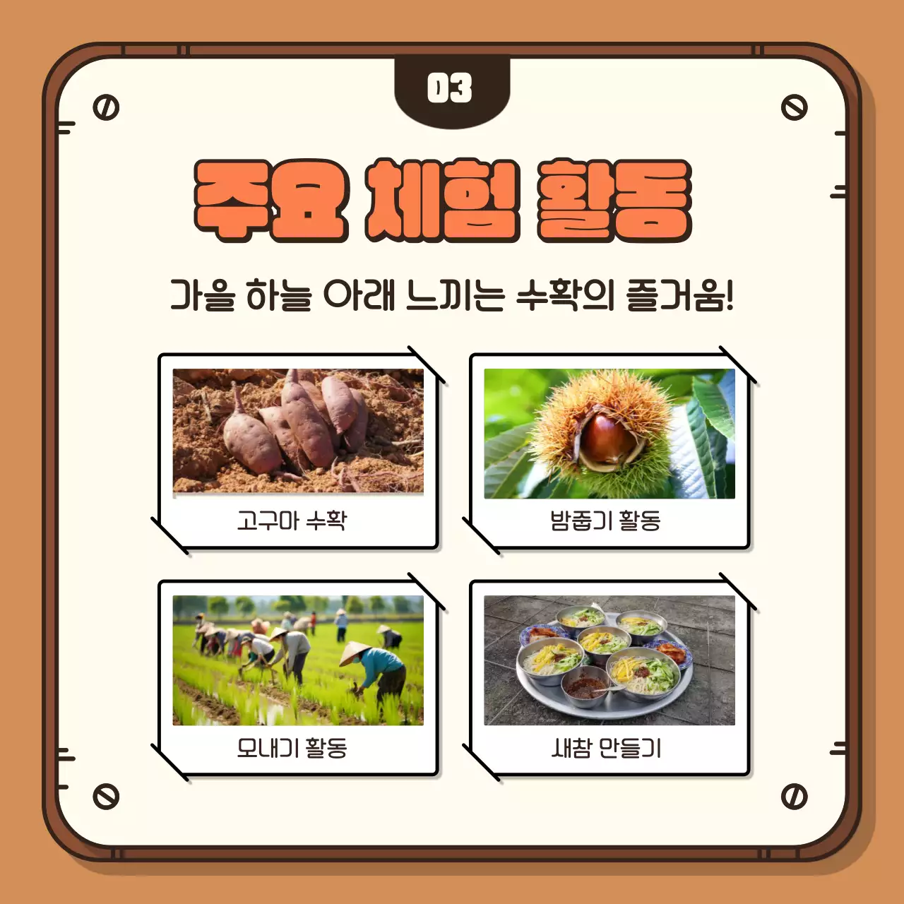 갈색 배경의 아기자기한 가을 수확 체험 홍보