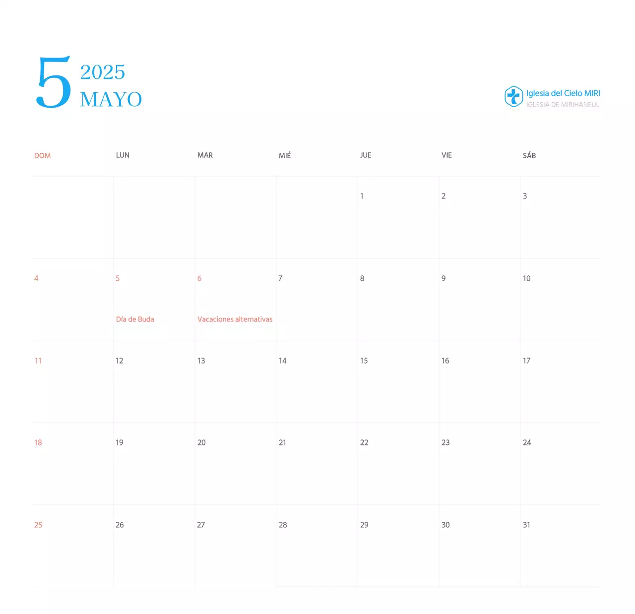 Calendario eclesiástico azul de concepto moderno