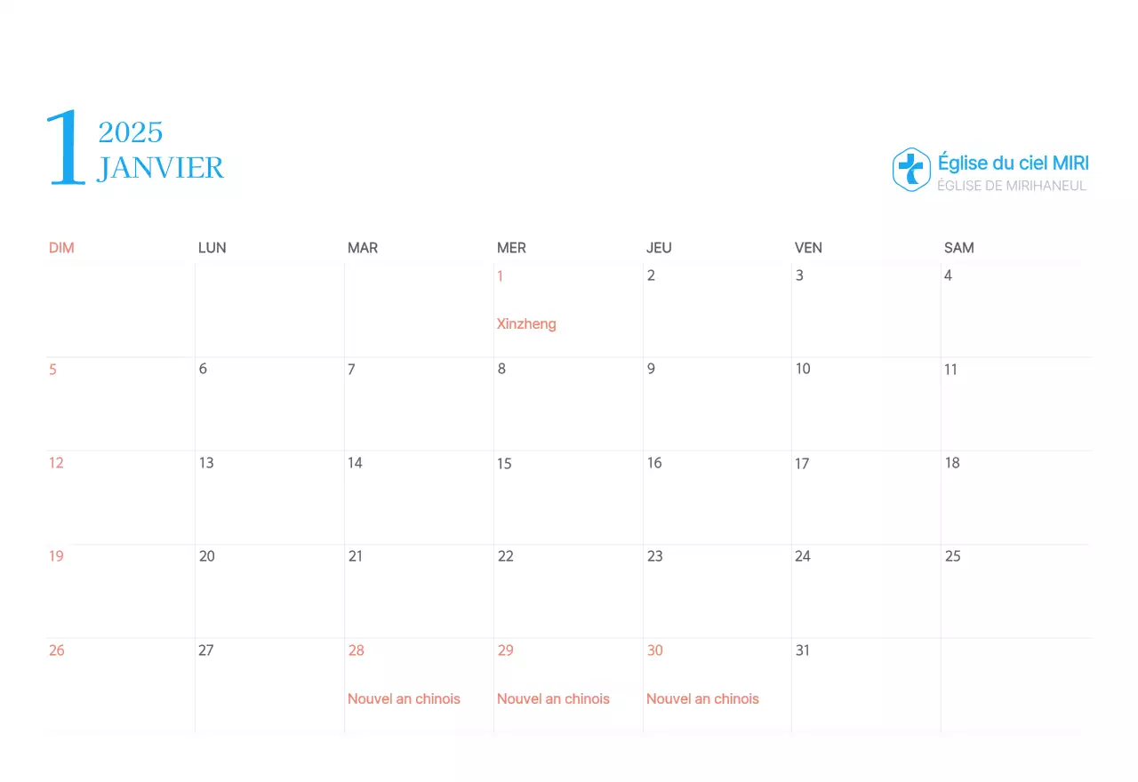 Calendrier d'église moderne bleu