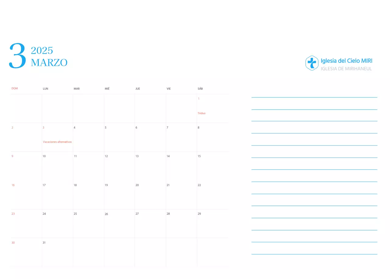 Calendario eclesiástico azul de concepto moderno