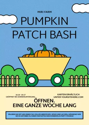 Werbung für das blau-gelbe geometrische Kürbisbeet-Festival