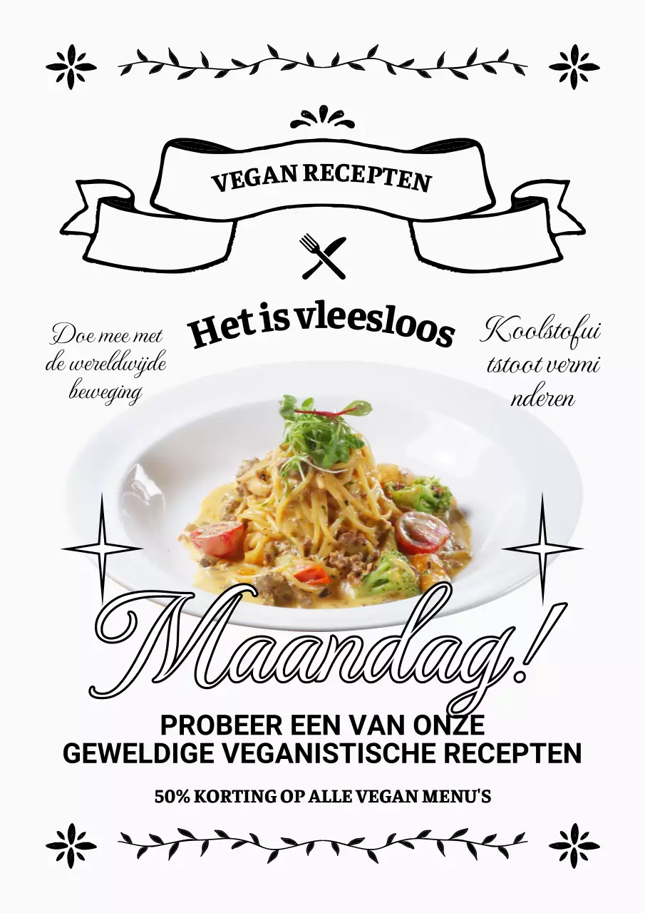 Kitscherige vegetarische menu-advertentie in zwart-wit