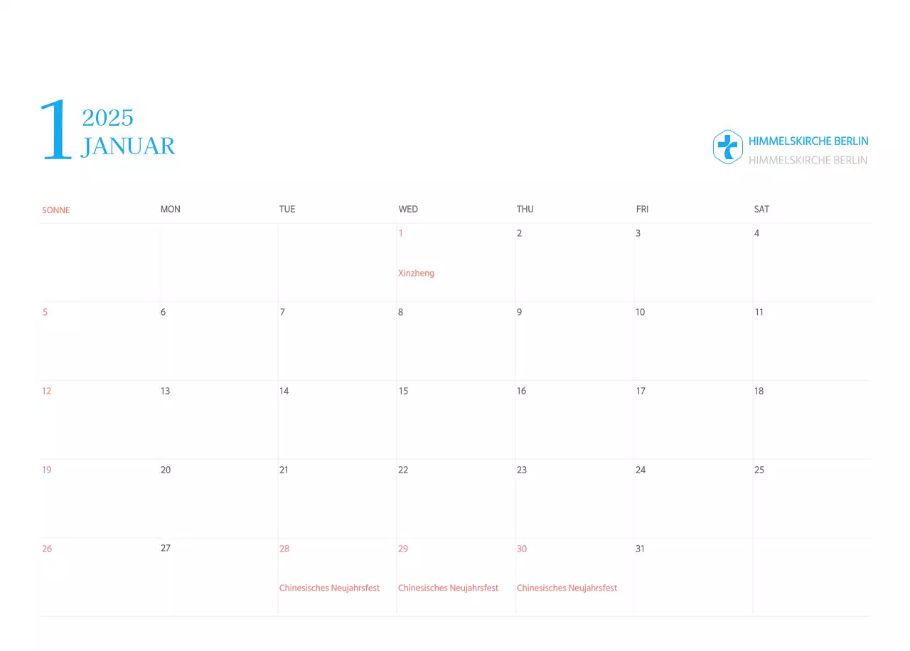 Blaues modernes Konzept Kirchenkalender