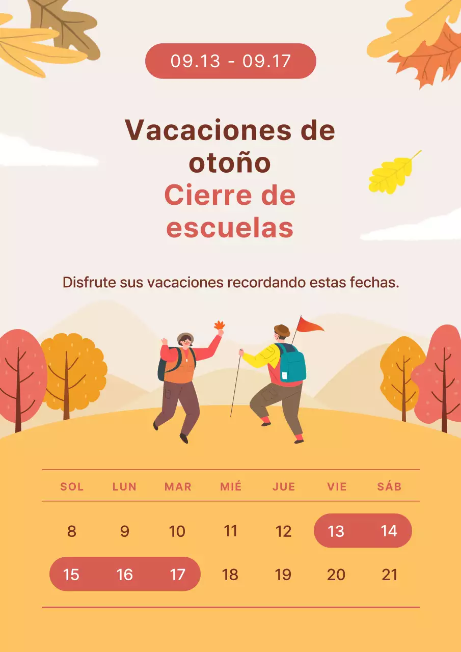 Anuncio de cierre de las vacaciones de otoño en naranja y burdeos