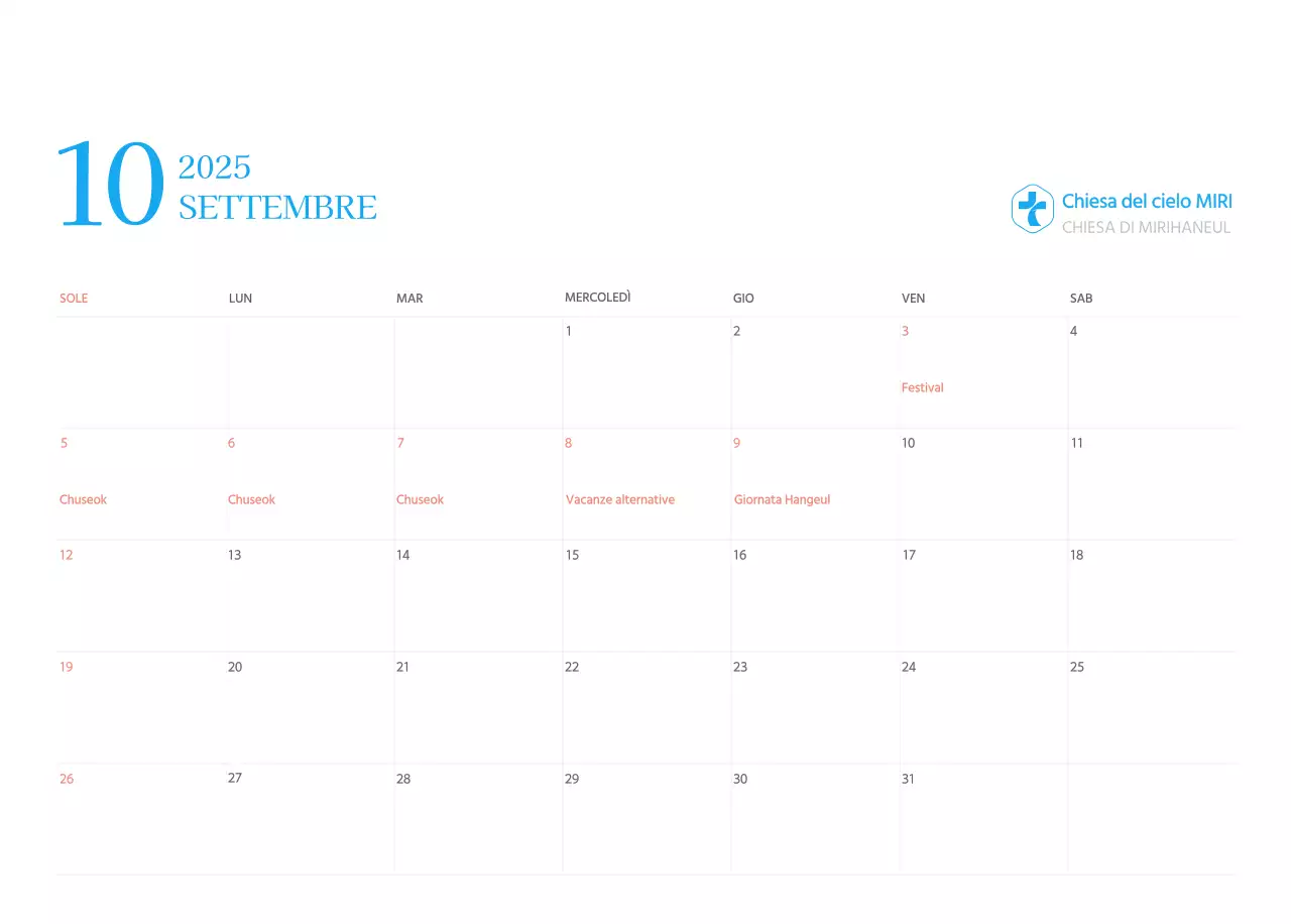 Calendario ecclesiastico blu di concezione moderna