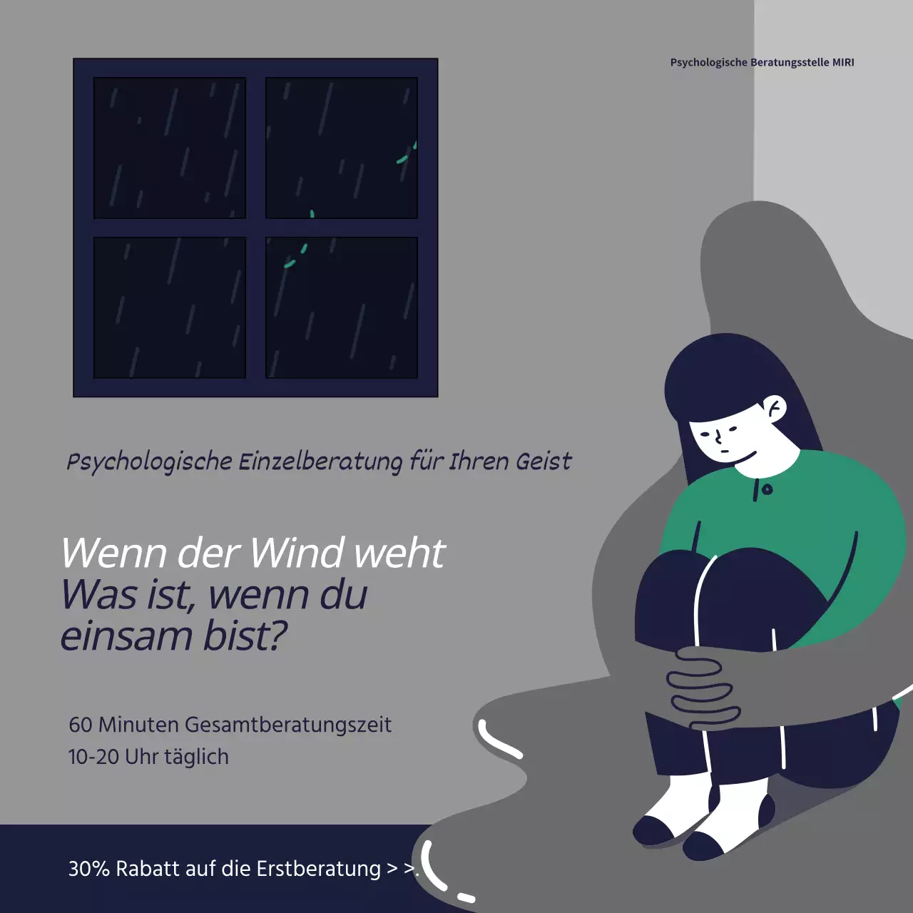 Eine graue und marineblaue Pop-Art-Anzeige für eine psychologische Beratungsstelle.