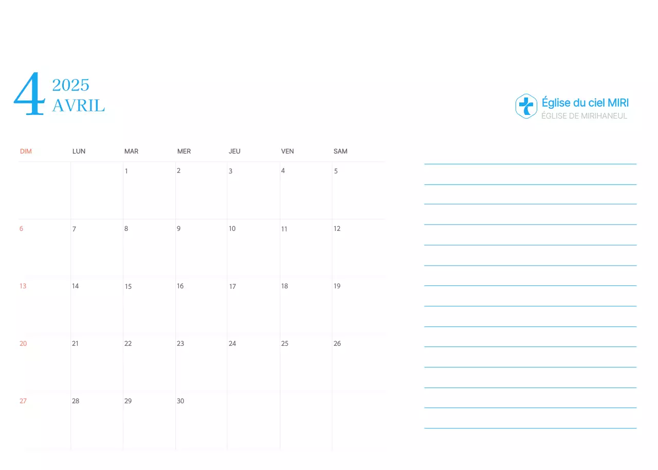 Calendrier d'église moderne bleu