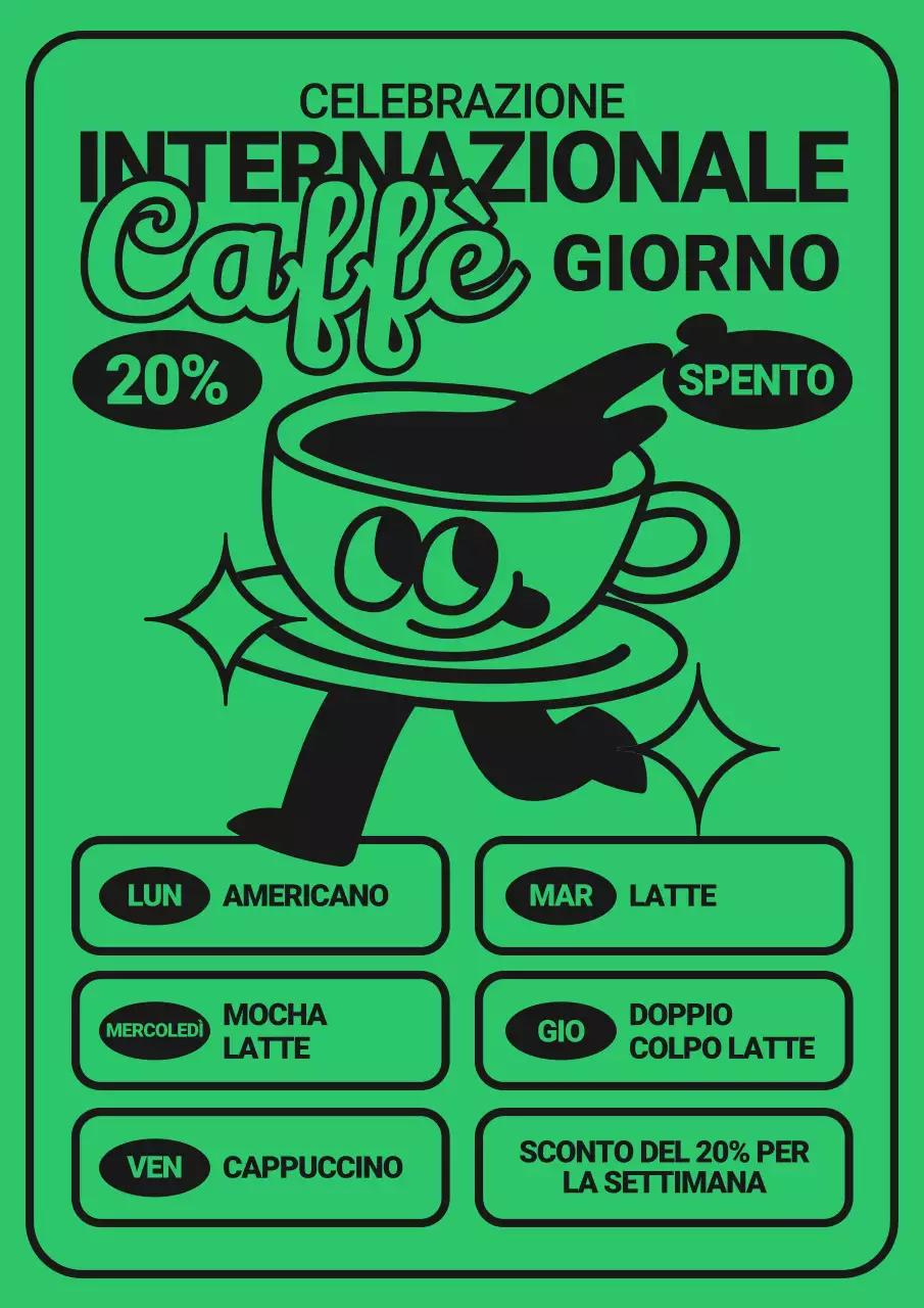 Pubblicità retro del caffè del giorno in verde e nero