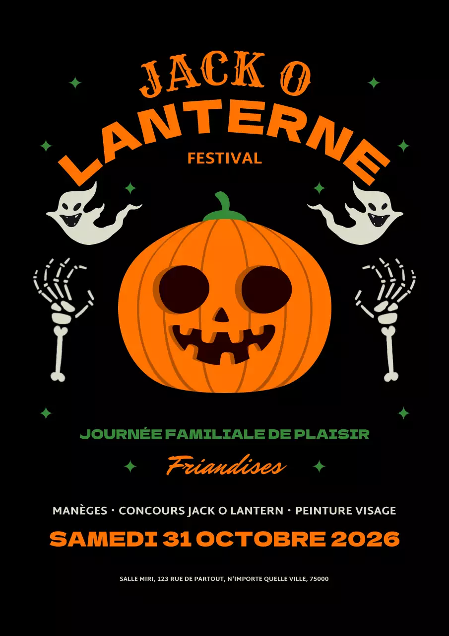 Publicité en noir et orange pour un événement de sculpture de citrouille pour Halloween