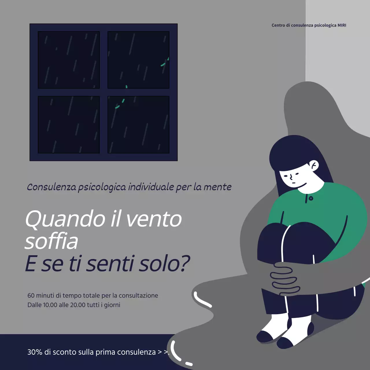 Una pubblicità pop art grigia e blu navy per un centro di consulenza psicologica.