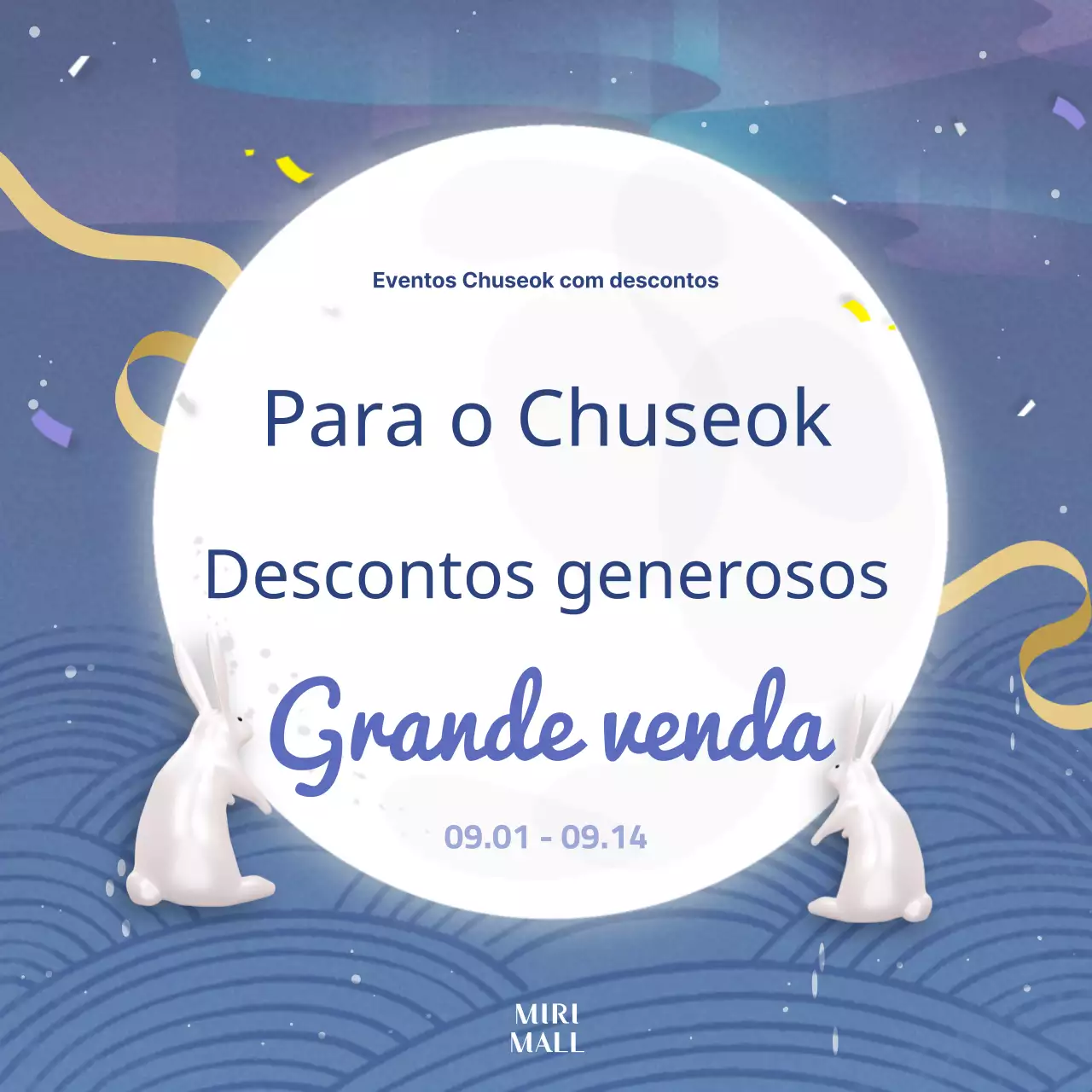 Um anúncio oriental, azul e amarelo, de venda do Festival do outono