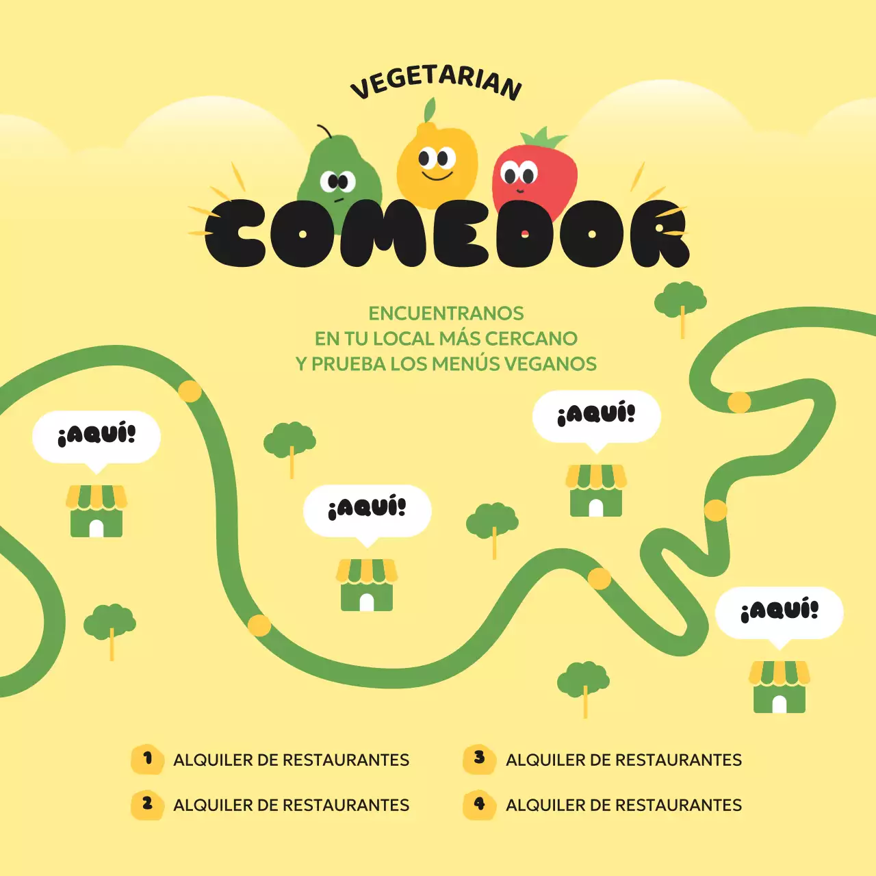 Información sobre este bonito restaurante vegetariano amarillo y verde