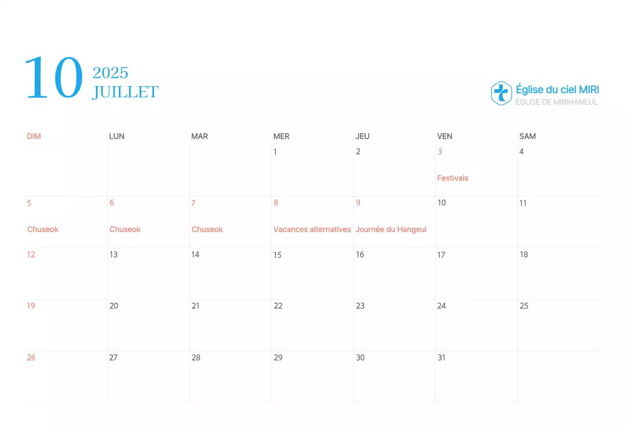 Calendrier d'église moderne bleu