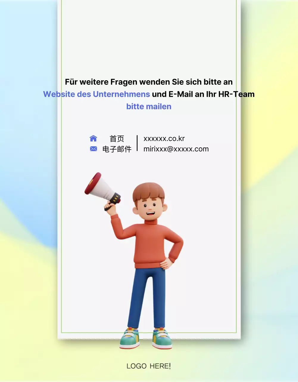 Ein sauberes blaues und gelbes Anschreiben zur Stellenausschreibung eines Unternehmens