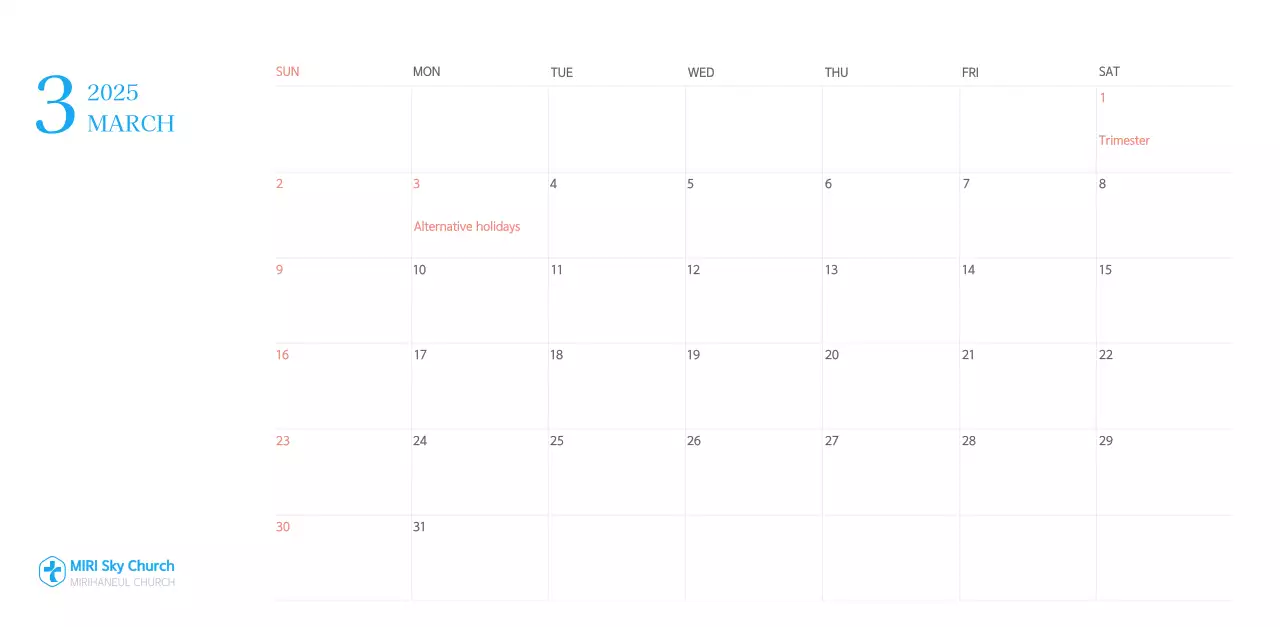 Blue modern concept church calendar