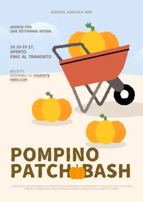 Un annuncio per la festa del campo di zucche blu e giallo.