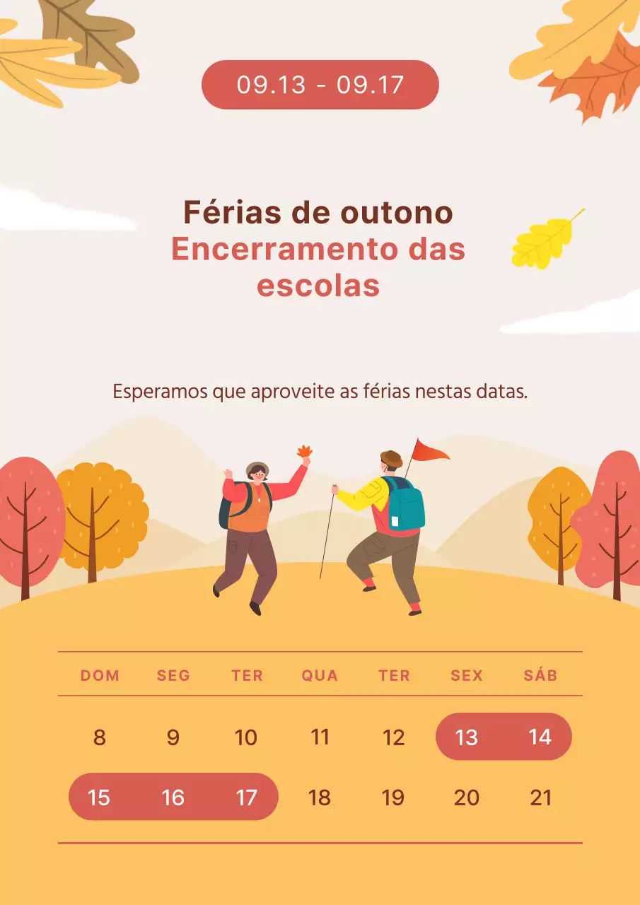 Anúncio de encerramento das férias de outono em laranja e bordeaux