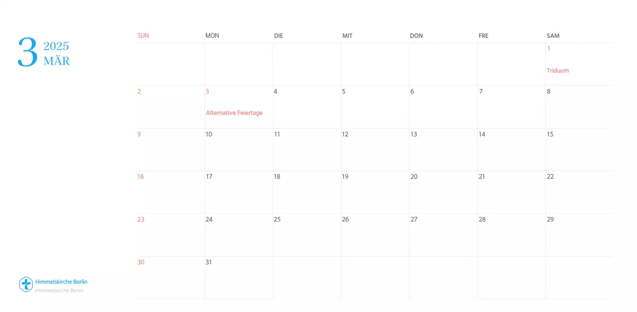 Blaues modernes Konzept Kirchenkalender