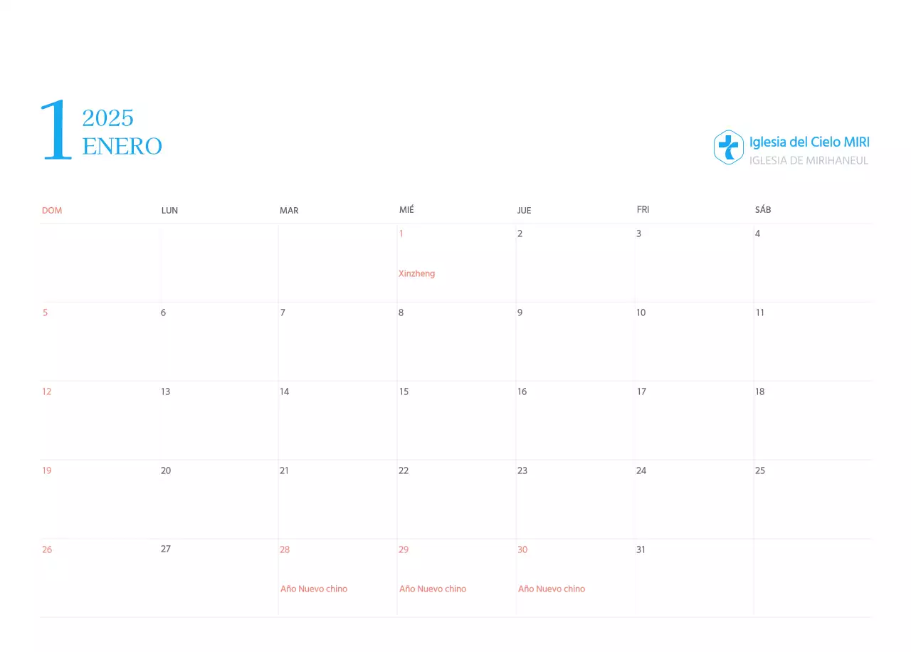 Calendario eclesiástico azul de concepto moderno