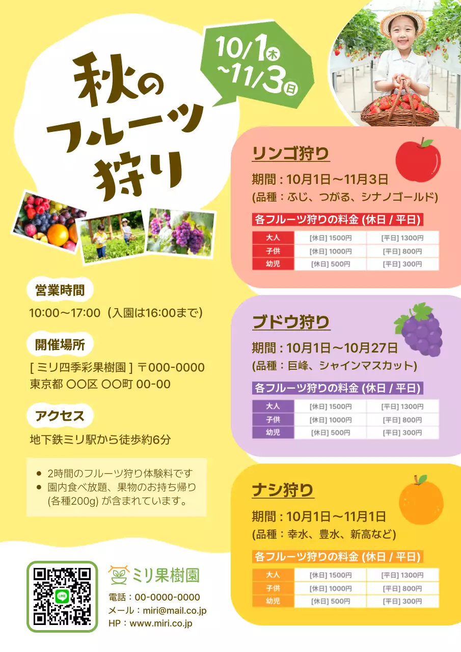 黄色 楽しい フルーツ狩り ポスター