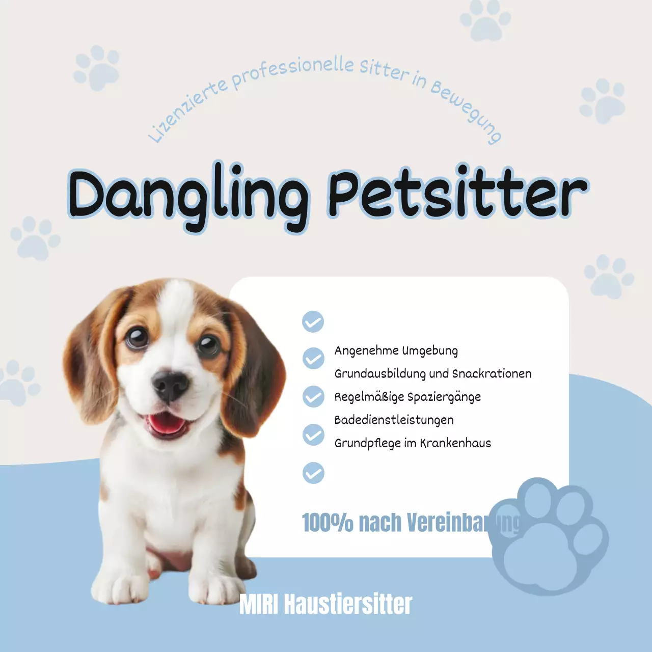 Einfache Welpen-Tiersitter-Anzeige in Hellblau und Weiß