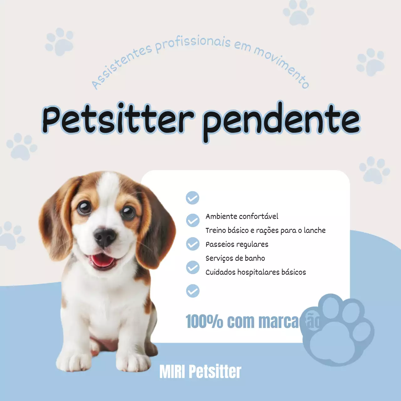 Anúncio simples de babysitter de cachorros em azul claro e branco