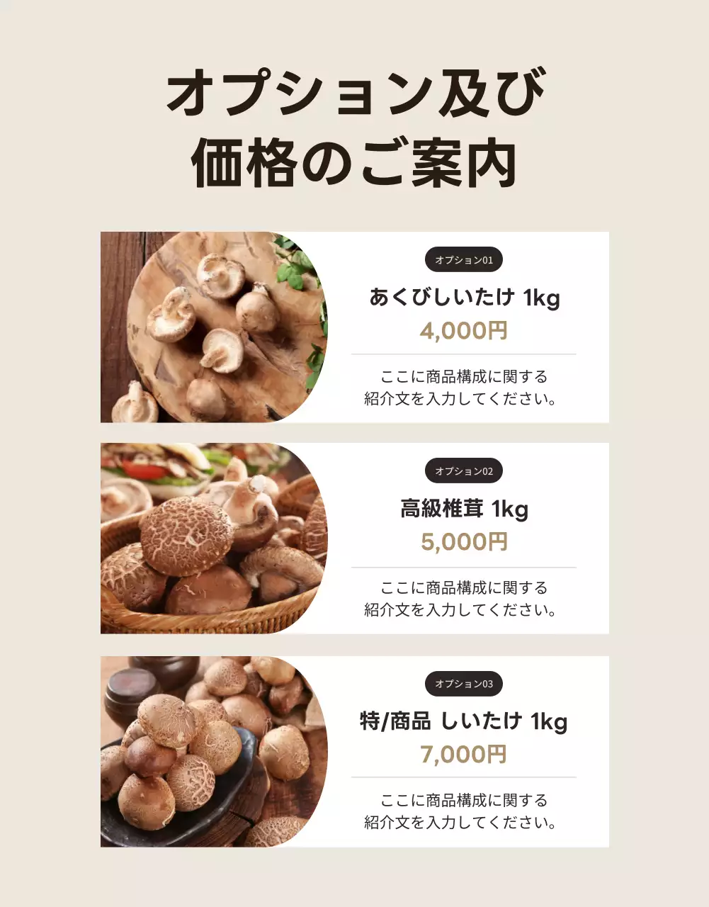 茶色 シンプル しいたけ パンフレット 詳細ページ