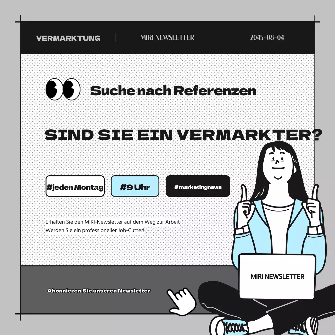 Werbung für einen hellblauen Cartoon-Newsletter