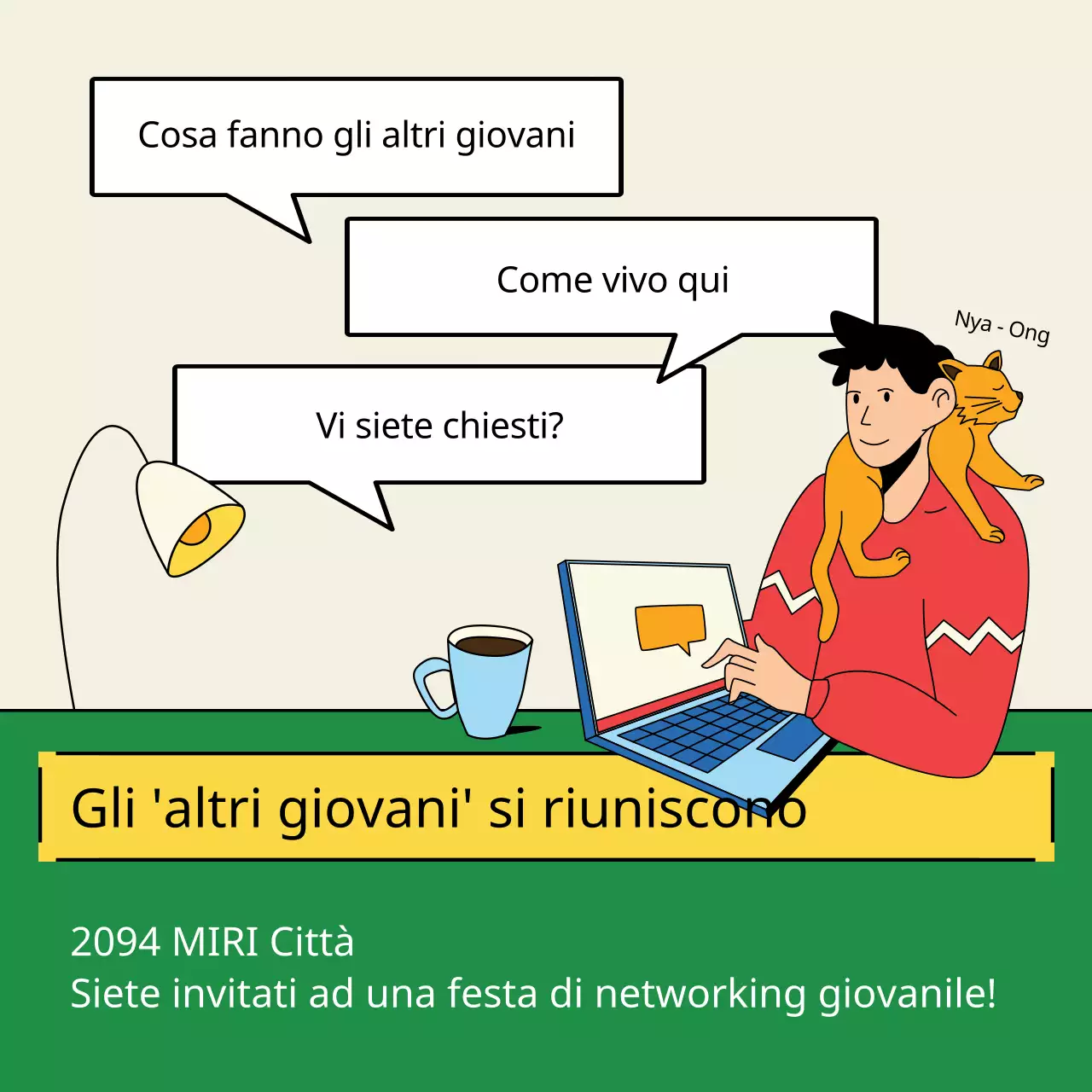 Promuovere un party kitsch giallo e verde per i giovani in rete.