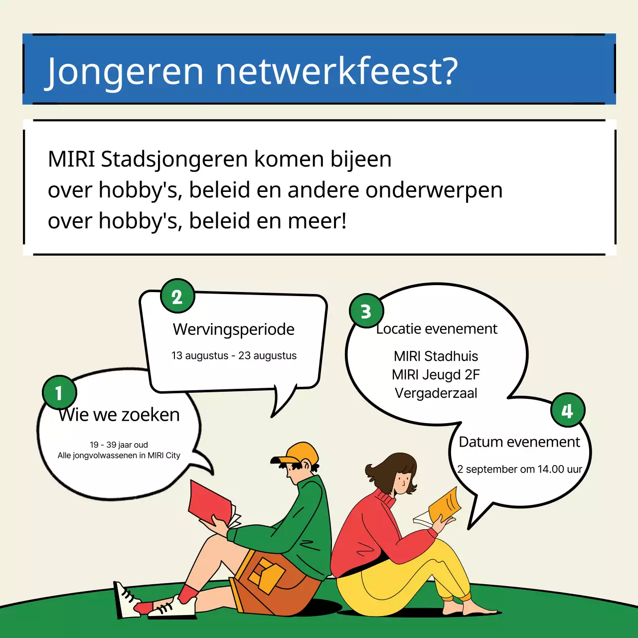 Een kitscherig geel en groen jongerennetwerkfeest promoten
