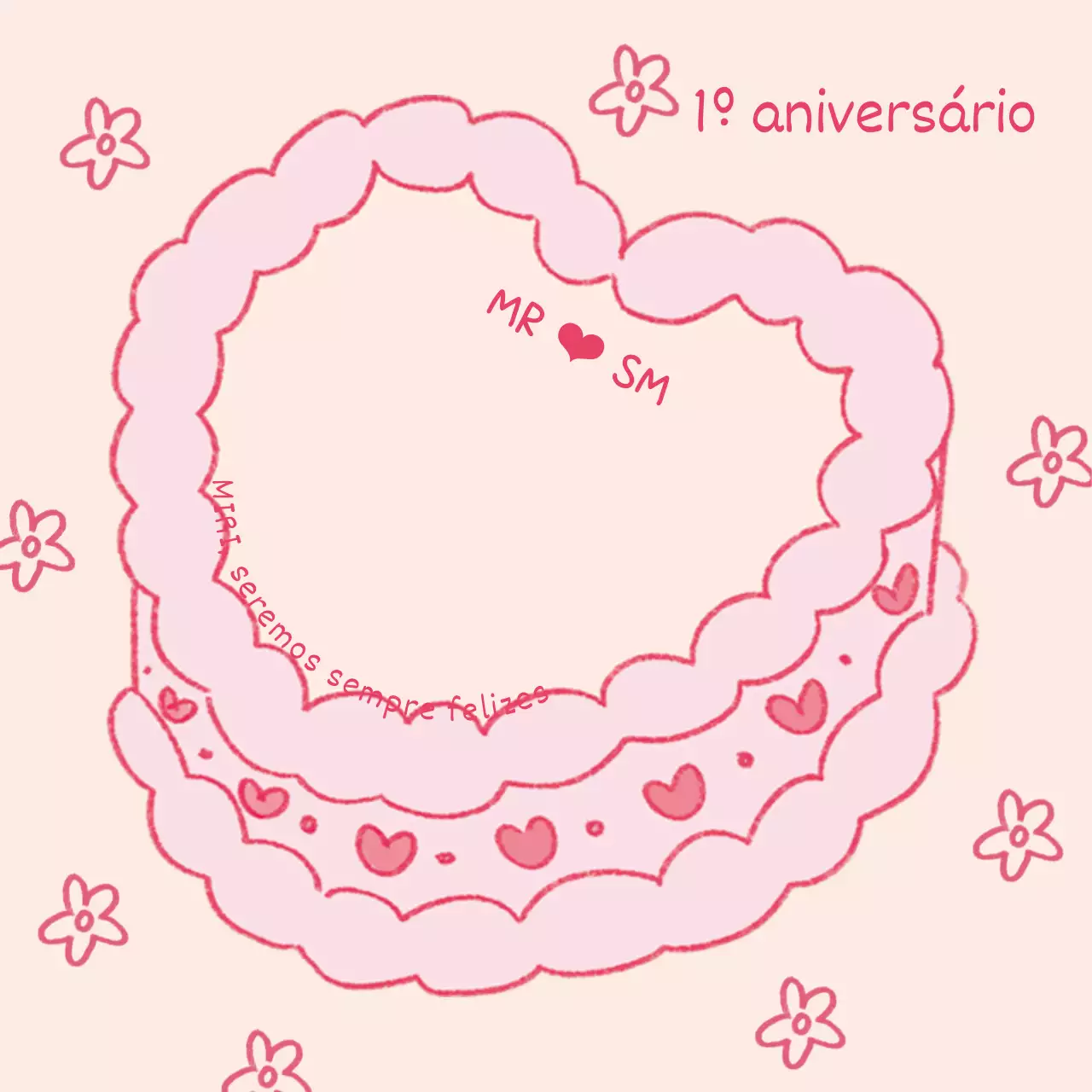 Bloco de notas do bolo do 1º aniversário de um casal giro em cor-de-rosa e vermelho