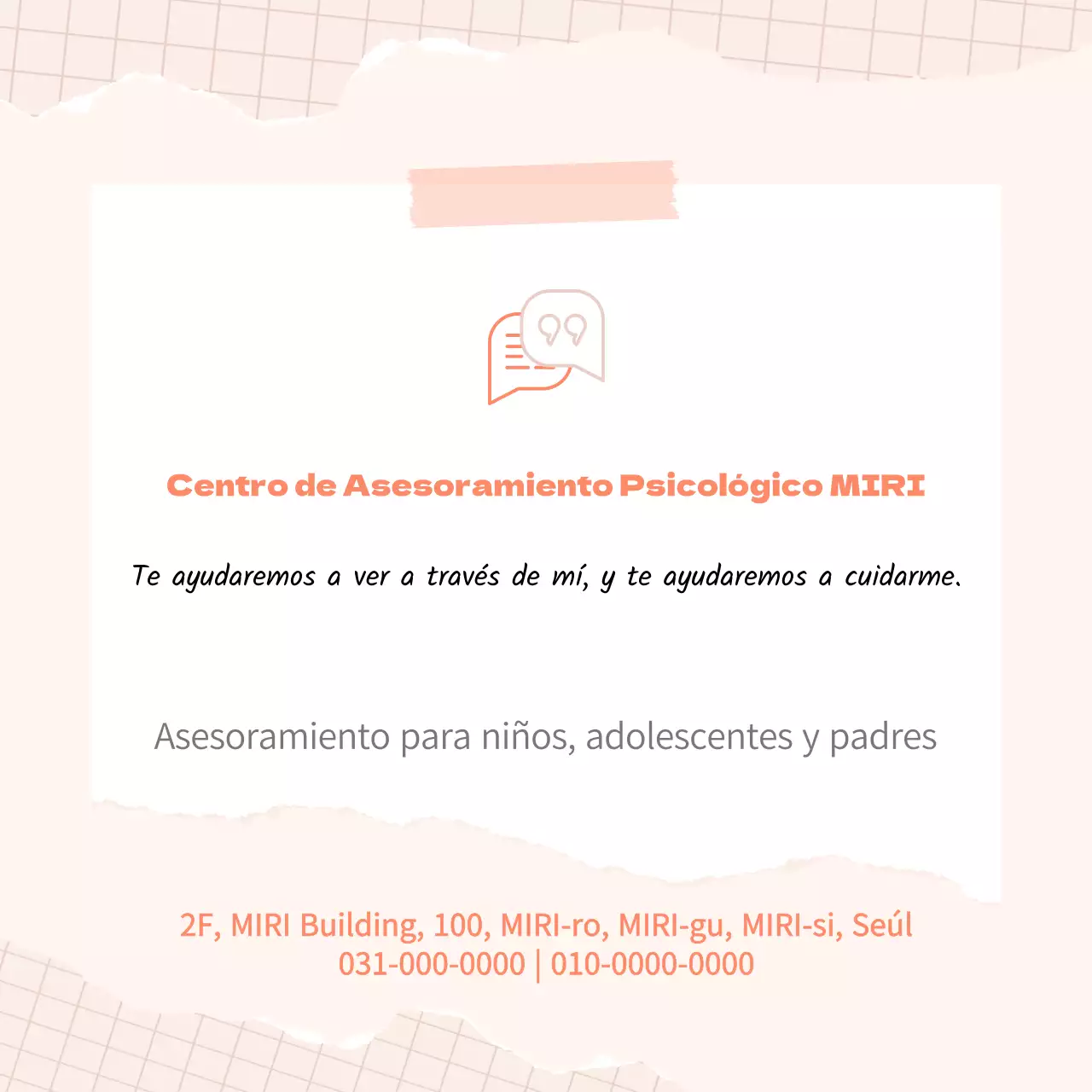 Sencillo anuncio naranja y beige de un centro de asesoramiento psicológico