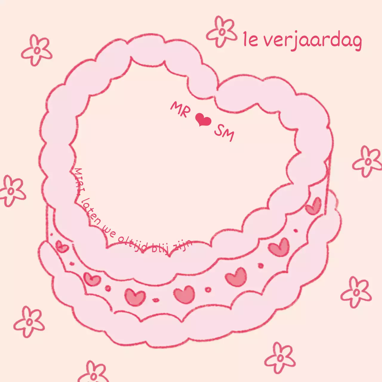 Schattig notitieblokje voor 1e verjaardagstaart van een stel in roze en rood
