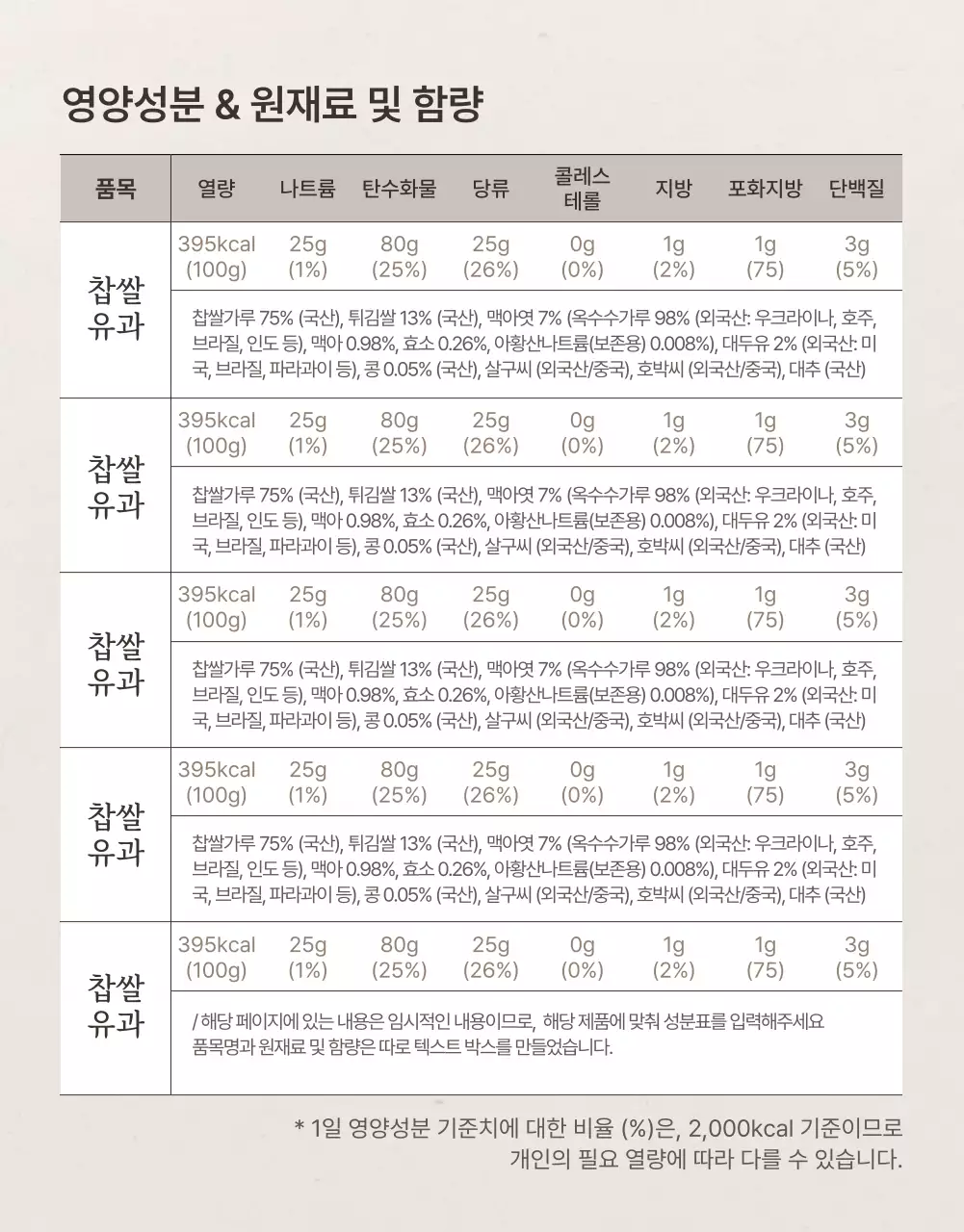 아이보리색과 핑크색의 전통적인 추석 한과 선물세트 안내 및 주의사항 홍보