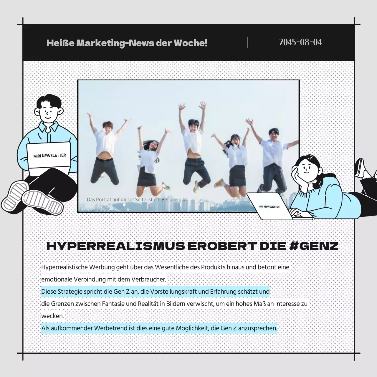 Werbung für einen hellblauen Cartoon-Newsletter