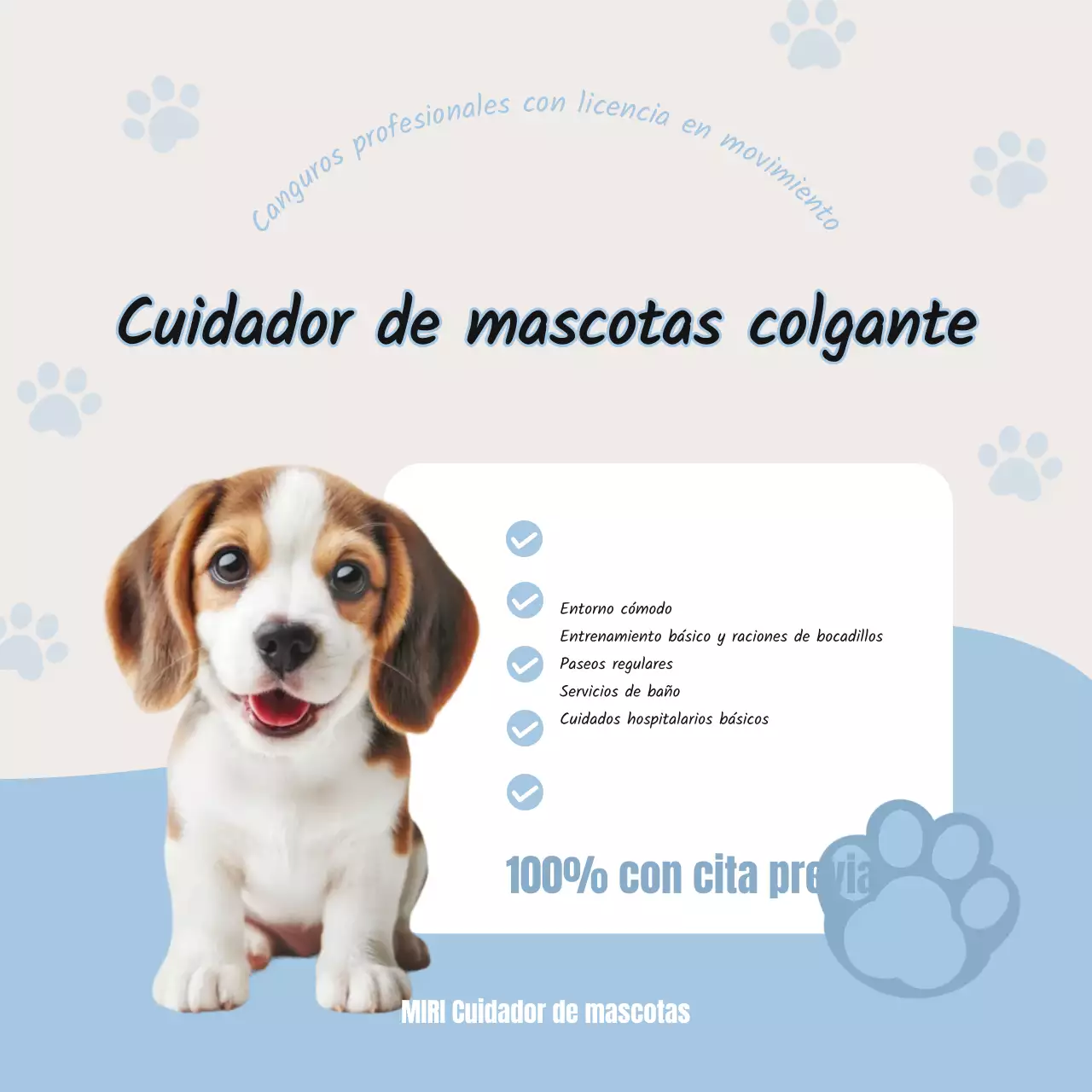 Anuncio sencillo de cuidador de cachorros en azul claro y blanco
