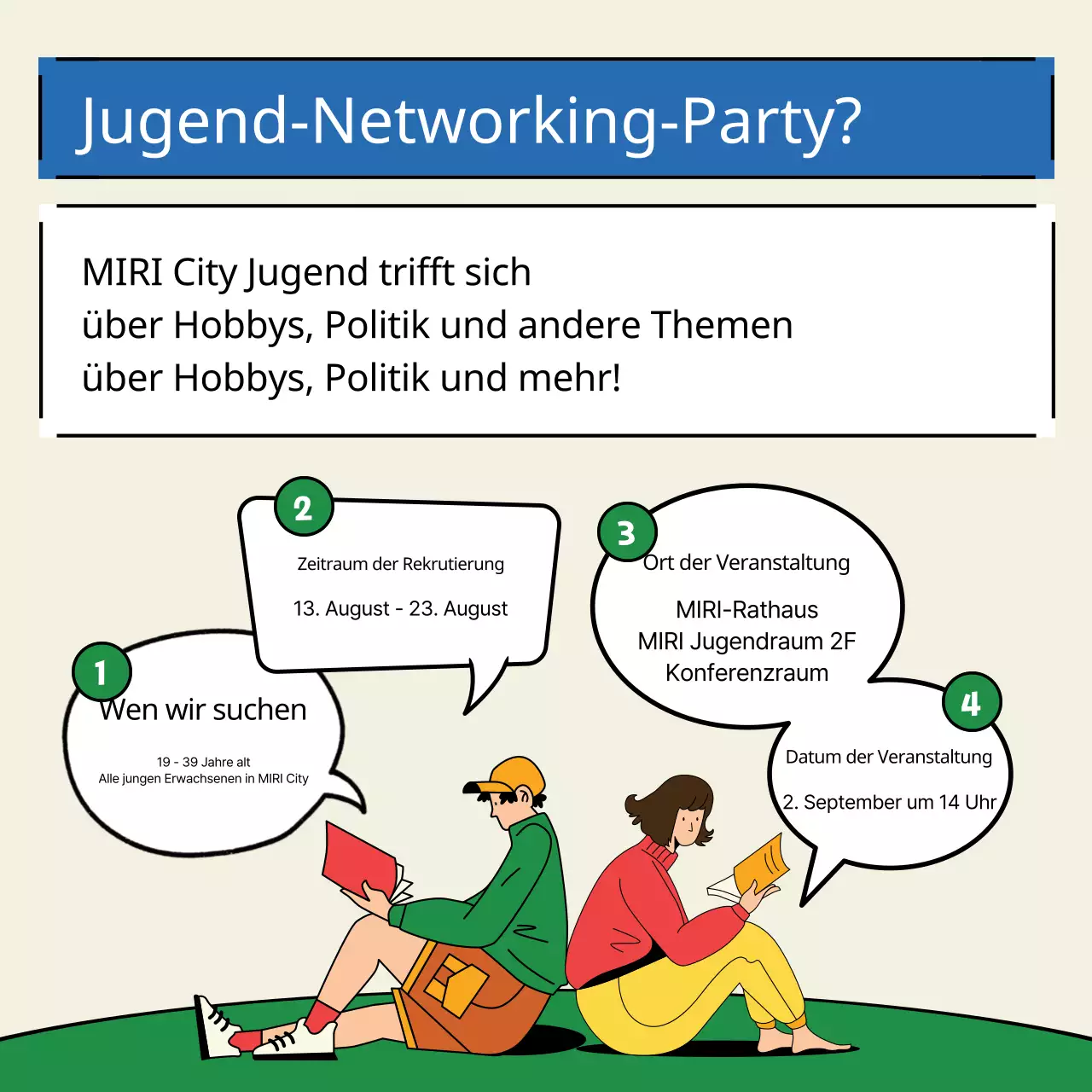 Werbung für eine kitschige gelb-grüne Jugend-Networking-Party